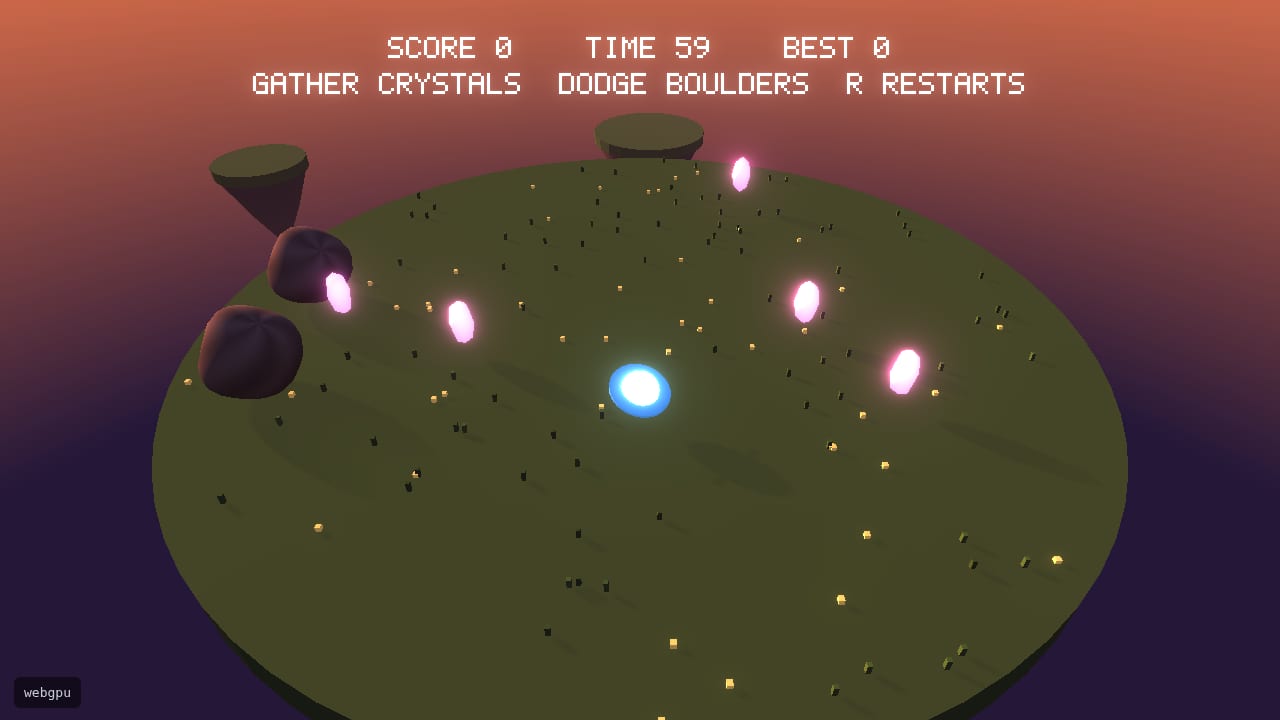 Orbfall: the orb, the crystals and the boulders on the island at dusk