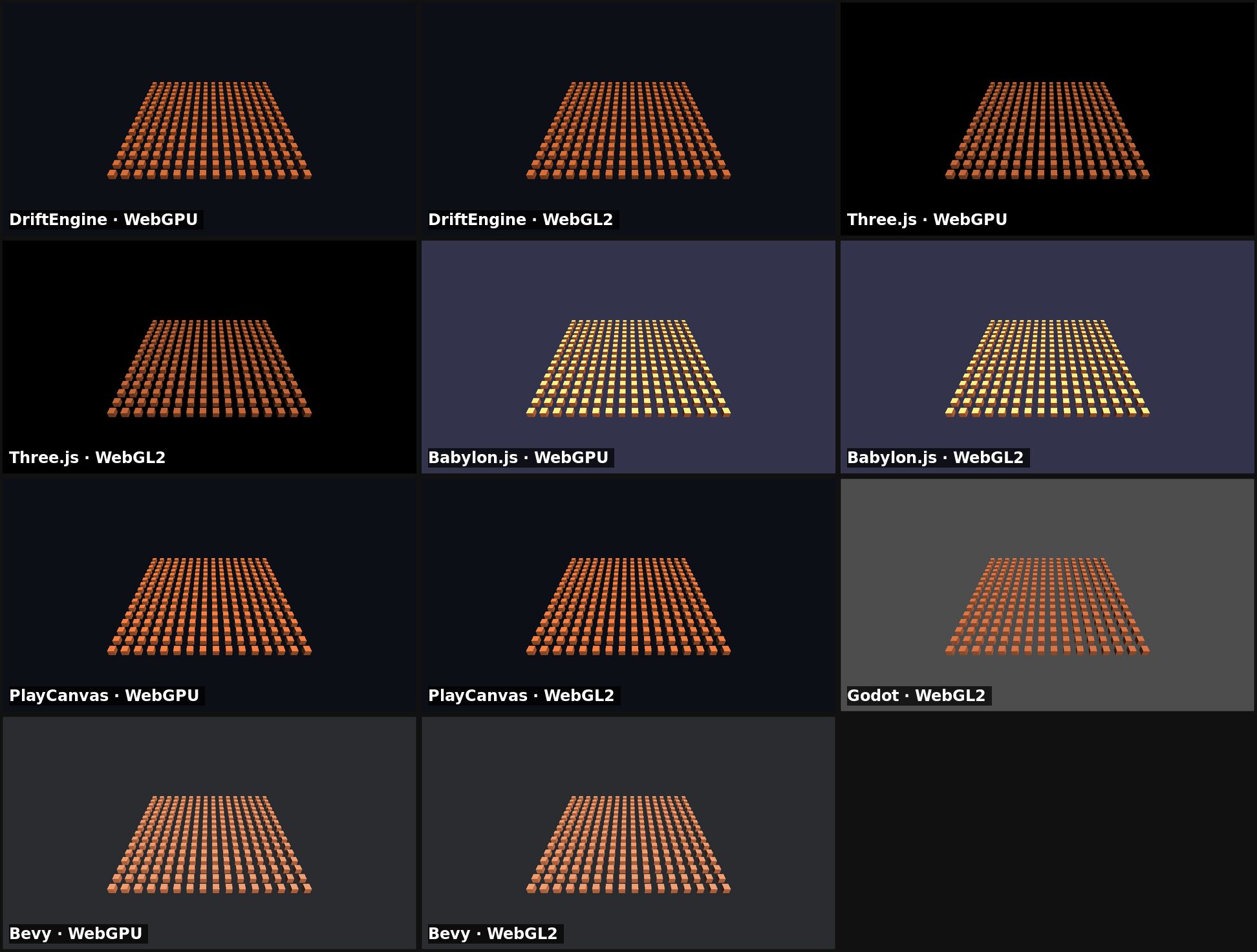 256 instanced cubes as each of the eleven builds drew it
