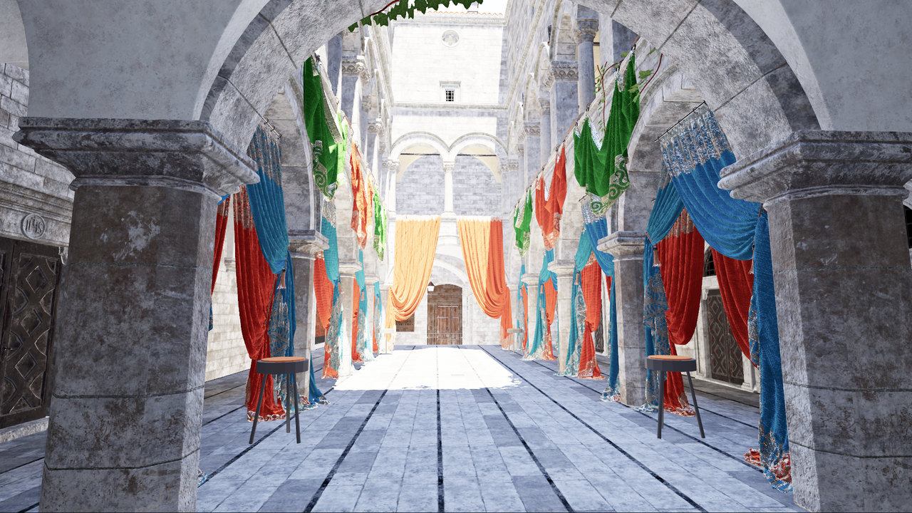 Intel's Sponza at noon, drawn in a browser by DriftEngine on WebGPU